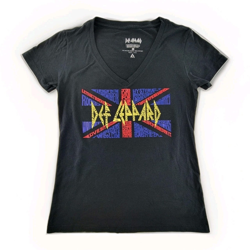 Def Leppard Womens T Shirt Sz M Black Union Jack Graphic Band Tee LA‎ Pop Art